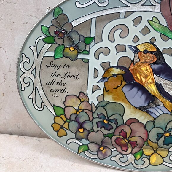 Joan Baker Designs Vintage Hand Painted Sun Catcher Goldfinch’s Oval Scripture - Picture 4 of 9